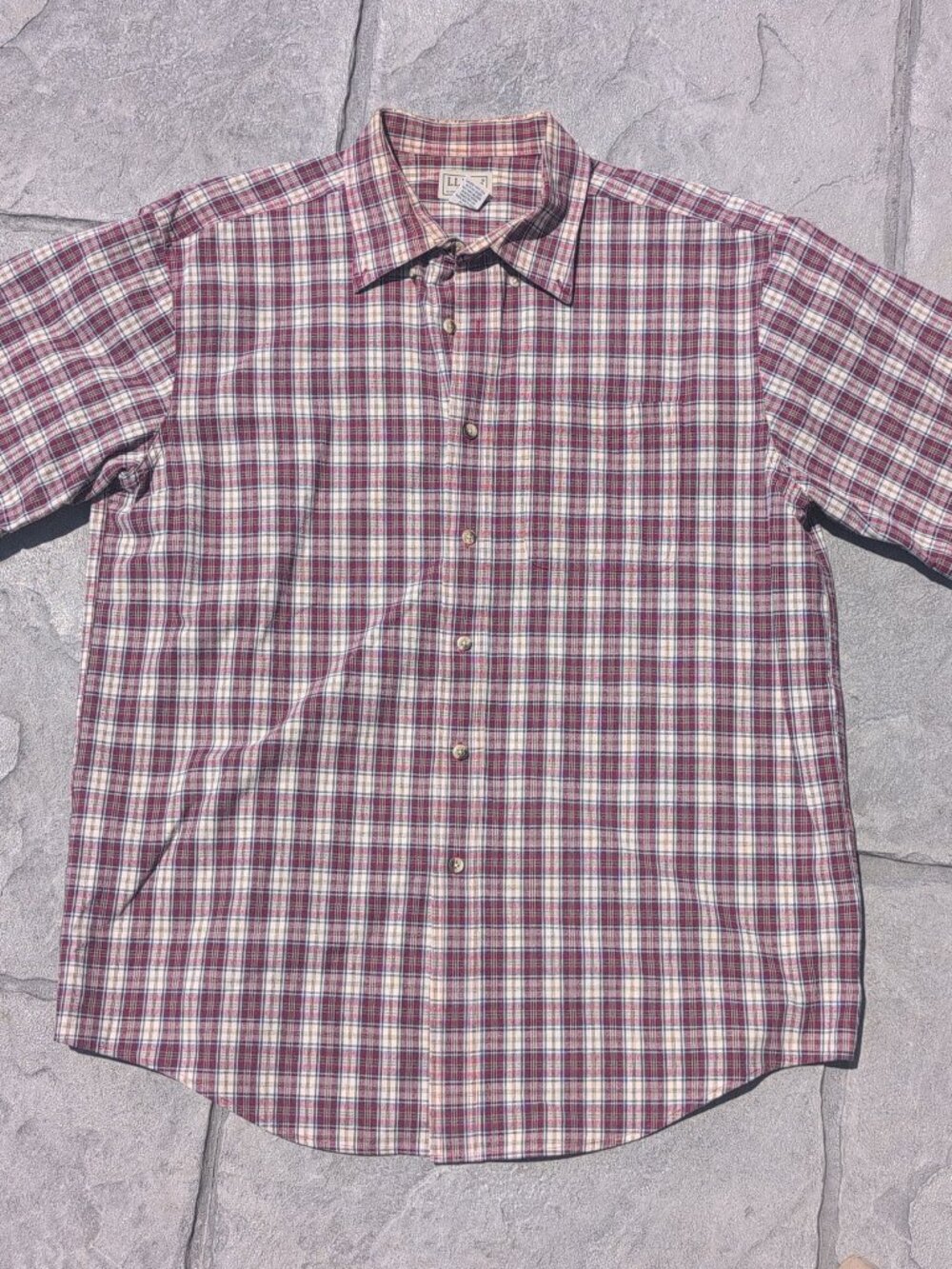 LL Bean Red Plaid Short Sleeve Button up - Size L Reg